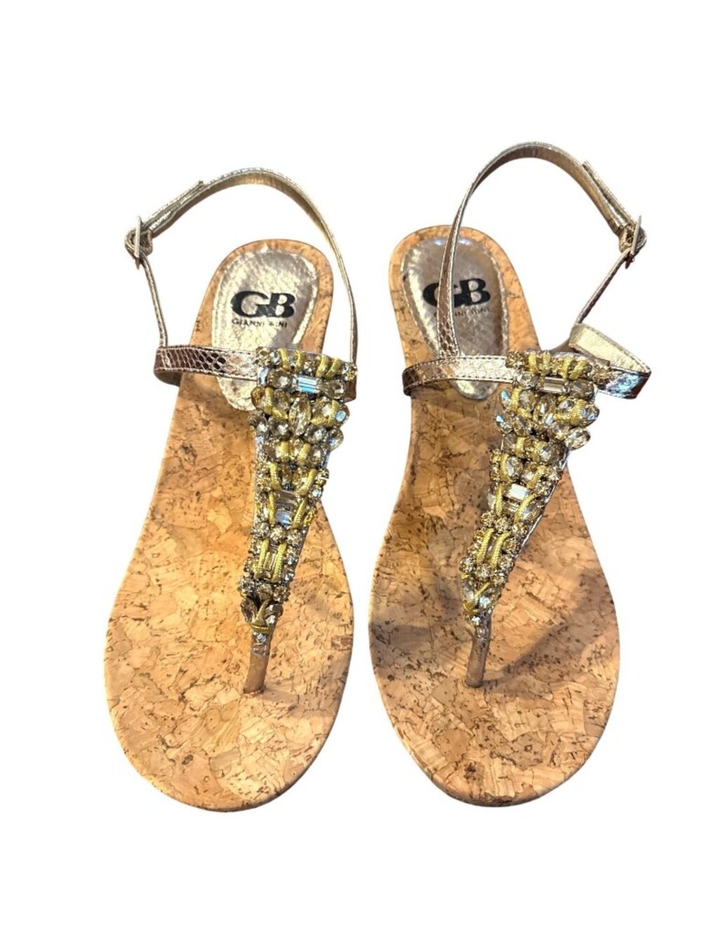 Gianni Bini Stand-Out 716 Gold Fusion Jeweled Cork Wedges Sandals 9M With Box